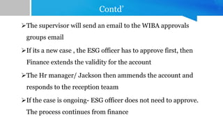 Contd’
The supervisor will send an email to the WIBA approvals
groups email
If its a new case , the ESG officer has to approve first, then
Finance extends the validity for the account
The Hr manager/ Jackson then ammends the account and
responds to the reception teaam
If the case is ongoing- ESG officer does not need to approve.
The process continues from finance
 