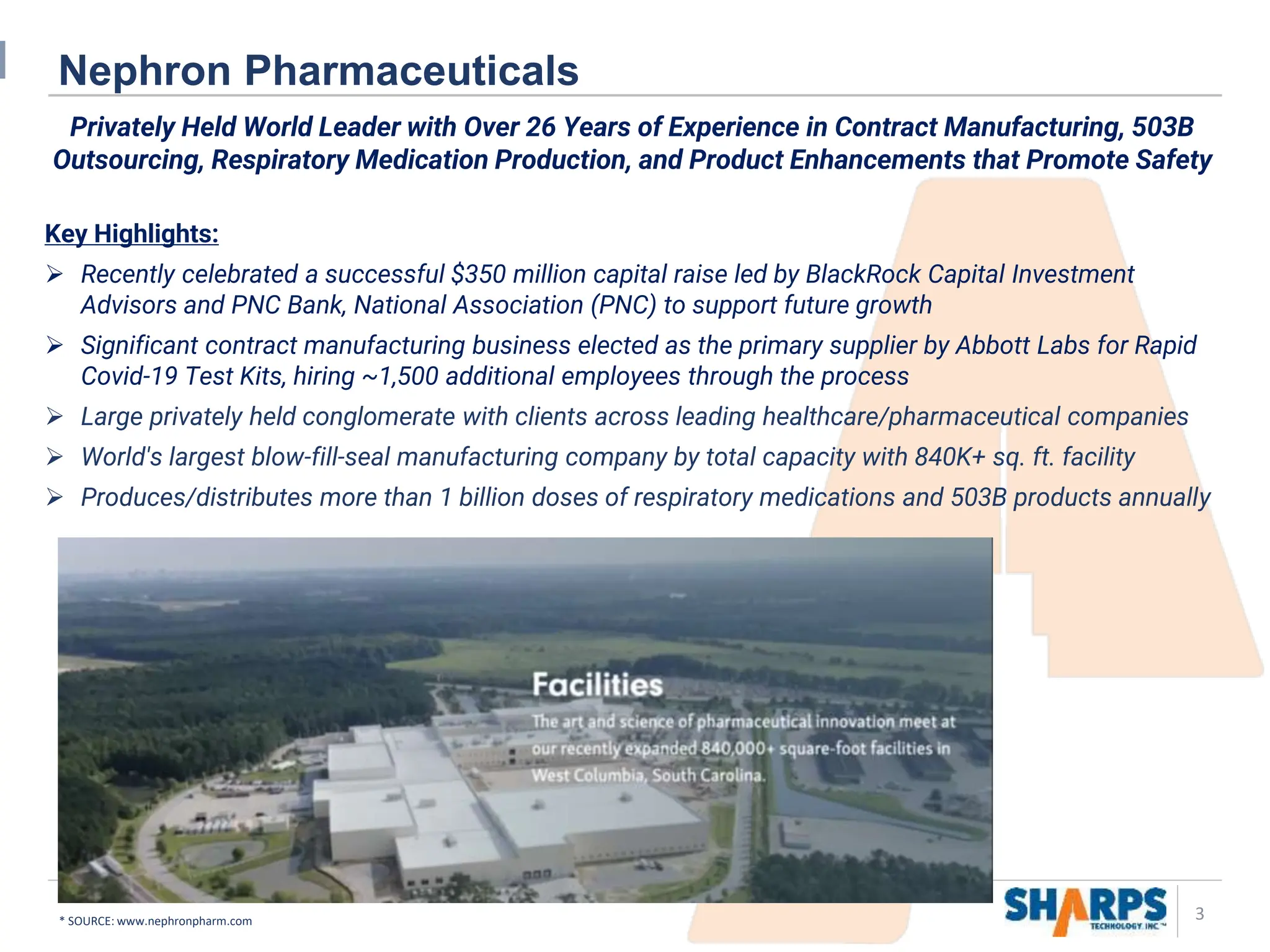 3
Nephron Pharmaceuticals
Privately Held World Leader with Over 26 Years of Experience in Contract Manufacturing, 503B
Outsourcing, Respiratory Medication Production, and Product Enhancements that Promote Safety
Key Highlights:
➢ Recently celebrated a successful $350 million capital raise led by BlackRock Capital Investment
Advisors and PNC Bank, National Association (PNC) to support future growth
➢ Significant contract manufacturing business elected as the primary supplier by Abbott Labs for Rapid
Covid-19 Test Kits, hiring ~1,500 additional employees through the process
➢ Large privately held conglomerate with clients across leading healthcare/pharmaceutical companies
➢ World's largest blow-fill-seal manufacturing company by total capacity with 840K+ sq. ft. facility
➢ Produces/distributes more than 1 billion doses of respiratory medications and 503B products annually
* SOURCE: www.nephronpharm.com
 