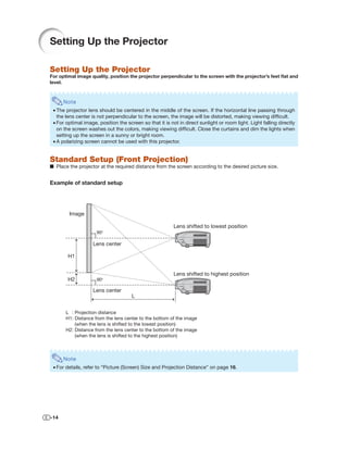 Setting Up the Projector

Setting Up the Projector
For optimal image quality, position the projector perpendicular to the screen with the projector’s feet ﬂat and
level.



      Note
 • The projector lens should be centered in the middle of the screen. If the horizontal line passing through
   the lens center is not perpendicular to the screen, the image will be distorted, making viewing difﬁcult.
 • For optimal image, position the screen so that it is not in direct sunlight or room light. Light falling directly
   on the screen washes out the colors, making viewing difﬁcult. Close the curtains and dim the lights when
   setting up the screen in a sunny or bright room.
 • A polarizing screen cannot be used with this projector.


Standard Setup (Front Projection)
■ Place the projector at the required distance from the screen according to the desired picture size.


Example of standard setup




        Image

                                                          Lens shifted to lowest position
                     90°

                   Lens center

        H1


                                                          Lens shifted to highest position
        H2           90°

                   Lens center
                                      L


       L : Projection distance
       H1: Distance from the lens center to the bottom of the image
           (when the lens is shifted to the lowest position)
       H2: Distance from the lens center to the bottom of the image
           (when the lens is shifted to the highest position)



      Note
 • For details, refer to “Picture (Screen) Size and Projection Distance” on page 16.




-14
 