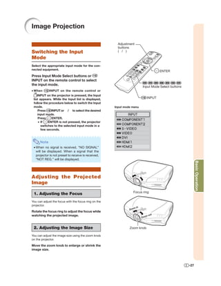 Image Projection

                                                        Adjustment
                                                        buttons
Switching the Input                                     ( / )

Mode
Select the appropriate input mode for the con-
nected equipment.
                                                                                       ENTER
Press Input Mode Select buttons or
INPUT on the remote control to select
the input mode.
                                                                         Input Mode Select buttons
• When       INPUT on the remote control or
    INPUT on the projector is pressed, the Input
 list appears. While the Input list is displayed,                              INPUT
 follow the procedure below to switch the Input
 mode.                                                Input mode menu
     Press     INPUT or / to select the desired
     input mode.
     Press     ENTER.
      • If   ENTER is not pressed, the projector
        switches to the selected input mode in a
        few seconds.



      Note
 • When no signal is received, “NO SIGNAL”
   will be displayed. When a signal that the
   projector is not preset to receive is received,
   “NOT REG.” will be displayed.




                                                                                                           Basic Operation
Adjusting the Projected
Image
                                                                 Focus ring
 1. Adjusting the Focus
You can adjust the focus with the focus ring on the
projector.
                                                                  m in
                                                               Zoo
Rotate the focus ring to adjust the focus while
watching the projected image.                                                   ut
                                                                            mo
                                                                         Zoo



 2. Adjusting the Image Size                                   Zoom knob

You can adjust the image size using the zoom knob
on the projector.

Move the zoom knob to enlarge or shrink the
image size.



                                                                                                     -27
 