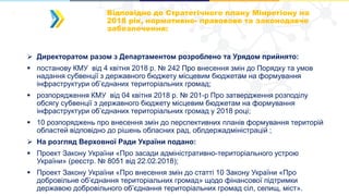 ➢ Директоратом разом з Департаментом розроблено та Урядом прийнято:
▪ постанову КМУ від 4 квітня 2018 р. № 242 Про внесення змін до Порядку та умов
надання субвенції з державного бюджету місцевим бюджетам на формування
інфраструктури об’єднаних територіальних громад;
▪ розпорядження КМУ від 04 квітня 2018 р. № 201-р Про затвердження розподілу
обсягу субвенції з державного бюджету місцевим бюджетам на формування
інфраструктури об’єднаних територіальних громад у 2018 році;
▪ 10 розпоряджень про внесення змін до перспективних планів формування територій
областей відповідно до рішень обласних рад, облдержадміністрацій ;
➢ На розгляд Верховної Ради України подано:
▪ Проект Закону України «Про засади адміністративно-територіального устрою
України» (реєстр. № 8051 від 22.02.2018);
▪ Проект Закону України «Про внесення змін до статті 10 Закону України «Про
добровільне об’єднання територіальних громад» щодо фінансової підтримки
державою добровільного об’єднання територіальних громад сіл, селищ, міст».
Відповідно до Стратегічного плану Мінрегіону на
2018 рік, нормативно- правовове та законодавче
забезпечення:
 
