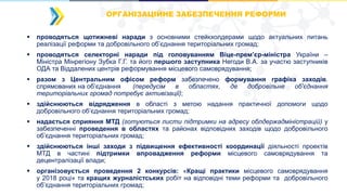 ▪ проводяться щотижневі наради з основними стейкхолдерами щодо актуальних питань
реалізації реформи та добровільного об’єднання територіальних громад;
▪ проводяться селекторні наради під головуванням Віце-прем’єр-міністра України –
Міністра Мінрегіону Зубка Г.Г. та його першого заступника Негоди В.А. за участю заступників
ОДА та Віддалених центрів реформування місцевого самоврядування;
▪ разом з Центральним офісом реформ забезпечено формування графіка заходів.
спрямованих на об’єднання (передусім в областях, де добровільне об'єднання
територіальних громад потребує активізації);
▪ здійснюються відрядження в області з метою надання практичної допомоги щодо
добровільного об’єднання територіальних громад;
▪ надається сприяння МТД (готуються листи підтримки на адресу облдержадміністрацій) у
забезпеченні проведення в областях та районах відповідних заходів щодо добровільного
об’єднання територіальних громад;
▪ здійснюються інші заходи з підвищення ефективності координації діяльності проектів
МТД в частині підтримки впровадження реформи місцевого самоврядування та
децентралізації влади;
▪ організовується проведення 2 конкурсів: «Кращі практики місцевого самоврядування
у 2018 році» та кращих журналістських робіт на відповідні теми реформи та добровільного
об’єднання територіальних громад;
ОРГАНІЗАЦІЙНЕ ЗАБЕЗПЕЧЕННЯ РЕФОРМИ
 
