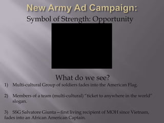 Symbol of Strength: Opportunity




                        What do we see?
1) Multi-cultural Group of soldiers fades into the American Flag.

2) Members of a team (multi-cultural) “ticket to anywhere in the world”
   slogan.

3) SSG Salvatore Giunta—first living recipient of MOH since Vietnam,
fades into an African American Captain.
 