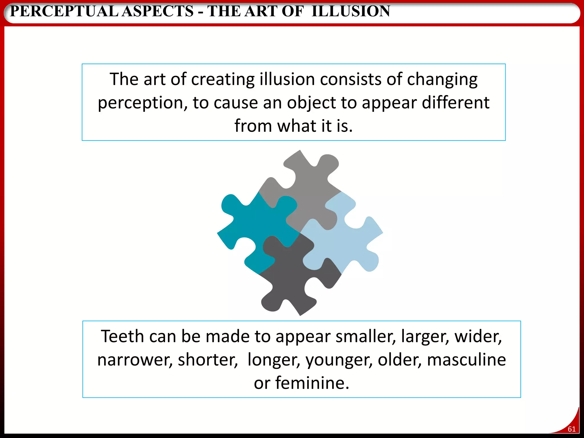 61
PERCEPTUALASPECTS - THE ART OF ILLUSION
The art of creating illusion consists of changing
perception, to cause an object to appear different
from what it is.
Teeth can be made to appear smaller, larger, wider,
narrower, shorter, longer, younger, older, masculine
or feminine.
 
