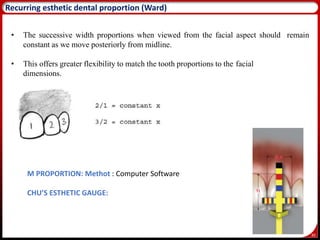 30
Recurring esthetic dental proportion (Ward)
• The successive width proportions when viewed from the facial aspect should remain
constant as we move posteriorly from midline.
• This offers greater flexibility to match the tooth proportions to the facial
dimensions.
M PROPORTION: Methot : Computer Software
CHU’S ESTHETIC GAUGE:
 
