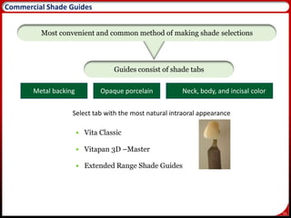 55
Commercial Shade Guides
 Vita Classic
 Vitapan 3D –Master
 Extended Range Shade Guides
Most convenient and common method of making shade selections
Guides consist of shade tabs
Metal backing Opaque porcelain Neck, body, and incisal color
Select tab with the most natural intraoral appearance
 