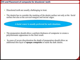 79
 Discolored teeth are usually challenging to treat.
 The dentist has to consider the masking of the dentin surface not only at the facial
surface but also at the cervical margins and incisal edges.
 The preparation should allow a uniform thickness of composite to create a
polychromatic appearance in the final result.
 In cases of severe discoloration the depth of preparation should allow an
additional thin layer of opaque composite to mask the dark dentin.
EFE and Placement of composite for discolored teeth
A facial veneer is usually preferred for such situations.
 