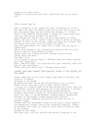 louder as we came closer.
“Daddy!” I shouted one last time. (Stretches her arm to reach
out)



2009, Present Age 23,

(She is dreaming in her sleep, her arms stretching out in air.
She opens her eyes and camera zooms out to show her lying on her
bed. Her phone beeps and she checks her message. It is from
Varun: Stop dreaming sleepy head, I called you twice, come soon
love you. She smiles and gets off her bed)
(She brushes her teeth) Varun can be so persistent at times.
(While she puts on her clothes) Today I have to dress to undress.
(Stands in front of the mirror, skeptical about her clothes, Pant
and shirt) This might look too formal and misfit.
(top and harem pants) Too casual and it might just end up in a
coffee date.
(Skirt with spaghetti top, pleased with herself) Now this will
help me take our relationship further.
(Frame shows her ringing the bell outside Varun’s house)
(Varun opens the door)
“Hi babe, I’m…”
“I’m so glad to see you Varun.” (Shanaya hugs him tight, leaving
him a bit surprised.)
“Wow, same here babe. I’m surprised with your reaction, after the
way you left yesterday.”
“Yeah, umm…sorry about that.” (Shanaya kisses him)

(FRAMES FROM HERE ONWARDS SHOW PARALLEL SCENES OF THE PRESENT AND
THE DREAM)

(Varun takes her to his room; frames show them at the door, the
interior is darker)
(Flashes of the dream)
He opened the door for me and instructed me to go in first.
“Don’t worry. Look your cycle is kept safely inside.”
I looked in to double check if he was telling the truth. There my
pink basket could be seen peeping out of the darkness. I hurried
inside, not noticing the grills being locked behind me.
(Frame/s show Varun closing the door behind him with one hand,
while the other is around Shanaya. Shanaya begins undressing)
(Flashes of the dreams; frames showing each actions)
I tried lifting; dragging and pulling the cycle out but it
wouldn’t budge.
(Frames show the discarded clothes on the floor, noises heard in
the background, sounds like moving, breaking, giggling. “Shhhh…
my neighbors will hear us” Varun’s voice. None of them are seen
in the frames)
(Frames of the dream)
“Be quiet girl, you will disturb the monster sleeping in the
 