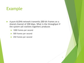Example
 A pure ALOHA network transmits 200-bit frames on a
shared channel of 200 kbps. What is the throughput if
the system (all stations together) produces
 1000 frames per second
 500 frames per second
 250 frames per second
12
 
