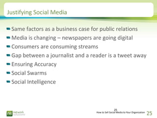 Justifying Social Media

 Same factors as a business case for public relations
 Media is changing – newspapers are going d...