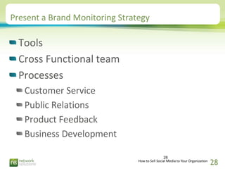 Present a Brand Monitoring Strategy

  Tools
  Cross Functional team
  Processes
   Customer Service
   Public Relations
 ...