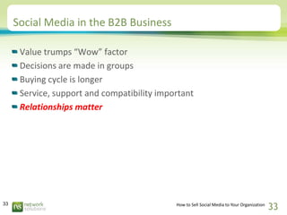 Social Media in the B2B Business

      Value trumps “Wow” factor
      Decisions are made in groups
      Buying cycle is...