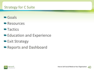 Strategy for C Suite

 Goals
 Resources
 Tactics
 Education and Experience
 Exit Strategy
 Reports and Dashboard



      ...