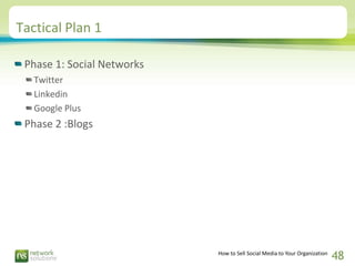 Tactical Plan 1

 Phase 1: Social Networks
   Twitter
   Linkedin
   Google Plus
 Phase 2 :Blogs




                     ...