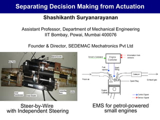 Shashikanth Suryanarayanan Assistant Professor, Department of Mechanical Engineering IIT Bombay, Powai, Mumbai 400076 Founder & Director, SEDEMAC Mechatronics Pvt Ltd Separating Decision Making from Actuation Steer-by-Wire  with Independent Steering EMS for petrol-powered small engines 