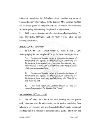 CS(OS) 253/2017 Page 2 of 61
injunction restraining the defendants from reporting any news or
broadcasting any show relate...