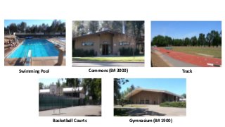 Swimming Pool Commons (B# 3000)
Basketball Courts Gymnasium (B# 1900)
Track
 