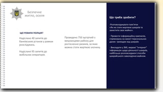 Безпечне
житло, оселя
-Розповсюджувати пам’ятки
«Як не стати жертвою шахраїв та
захистити своє майно».
- Провести інформаційну кампанію,
спрямовану на захист персональних
даних громадян від шахраїв.
- Викладати у ЗМІ, мережі “інтернет”
інформацію щодо діяльності шахраїв,
найбільше розповсюджені способи
шахрайського заволодіння майном.
Що треба зробити?
Надіслано 40 запитів до
банківських установ у рамках
розслідувань.
Надіслано 95 запитів до
мобільних операторів.
ЩО РОБИЛА ПОЛІЦІЯ?
Проведено 750 зустрічей з
мешканцями району для
роз’яснення ризиків, за яких
можна стати жертвою злочину.
 