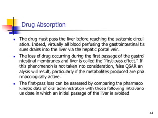 Drug Absorption
 The drug must pass the liver before reaching the systemic circul
ation. Indeed, virtually all blood perfusing the gastrointestinal tis
sues drains into the liver via the hepatic portal vein.
 The loss of drug occurring during the first passage of the gastroi
ntestinal membranes and liver is called the "first-pass effect." If
this phenomenon is not taken into consideration, false QSAR an
alysis will result, particularly if the metabolites produced are pha
rmacologically active.
 The first-pass loss can be assessed by comparing the pharmaco
kinetic data of oral administration with those following intraveno
us dose in which an initial passage of the liver is avoided
44
 