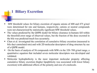 1 Biliary Excretion
70
 MW threshold values for biliary excretion of organic anions of 400 and 475 g/mol
were determined for rats and humans, respectively; cations or neutral compounds
were not characterized by statistically signiﬁcant MW threshold values.
 The values predicted by the QSPR model for biliary clearance in humans fell within
the threefold error range of observed values, but the fraction of the dose excreted in
the bile was predicted much less accurately.
 Chen et al. investigated the correlation of cumulative biliary excretion (measured in
bile duct cannulated rats) and with 2D molecular descriptors of drug structure by use
of a QSPR model.
 On the basis of analysis of 56 compounds with MWs in the 320–708 g/mol range, a
quantitative equation that included seven molecular descriptors was developed and
validated.
 Molecular hydrophobicity is the most important molecular property affecting
cumulative biliary excretion (higher lipophilicity was associated with lower biliary
excretion) with additional effects of the polarity and size of a molecule.
 