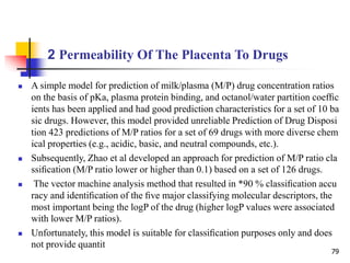 2 Permeability Of The Placenta To Drugs
79
 A simple model for prediction of milk/plasma (M/P) drug concentration ratios
on the basis of pKa, plasma protein binding, and octanol/water partition coefﬁc
ients has been applied and had good prediction characteristics for a set of 10 ba
sic drugs. However, this model provided unreliable Prediction of Drug Disposi
tion 423 predictions of M/P ratios for a set of 69 drugs with more diverse chem
ical properties (e.g., acidic, basic, and neutral compounds, etc.).
 Subsequently, Zhao et al developed an approach for prediction of M/P ratio cla
ssiﬁcation (M/P ratio lower or higher than 0.1) based on a set of 126 drugs.
 The vector machine analysis method that resulted in *90 % classiﬁcation accu
racy and identiﬁcation of the ﬁve major classifying molecular descriptors, the
most important being the logP of the drug (higher logP values were associated
with lower M/P ratios).
 Unfortunately, this model is suitable for classiﬁcation purposes only and does
not provide quantit
 