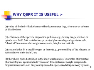 WHY QSPR IT IS USEFUL :-
(a) value of the individual pharmacokinetic parameter (e.g., clearance or volume
of distribution),
(b) efficiency of the specific disposition pathway (e.g., biliary drug excretion or
cytochrome P450 3A4 metabolism. presented pharmacological agents include
"classical" low-molecular-weight compounds, biopharmaceuticals
(c) accumulation in a specific organ or tissue (e.g., permeability of the placenta or
accumulation in the brain), and
(d) the whole-body disposition in the individual patients. Examples of presented
pharmacological agents include "classical" low-molecular-weight compounds,
biopharmaceuticals, and drugs encapsulated in specialized drug-delivery systems
8
 