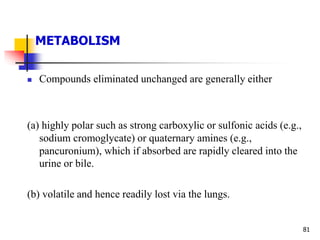 METABOLISM
81
 Compounds eliminated unchanged are generally either
(a) highly polar such as strong carboxylic or sulfonic acids (e.g.,
sodium cromoglycate) or quaternary amines (e.g.,
pancuronium), which if absorbed are rapidly cleared into the
urine or bile.
(b) volatile and hence readily lost via the lungs.
 