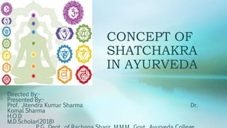 CONCEPT OF
SHATCHAKRA
IN AYURVEDA
Directed By:-
Presented By:-
Prof. Jitendra Kumar Sharma Dr.
Komal Sharma
H.O.D
M.D.Scholar(2018)
 