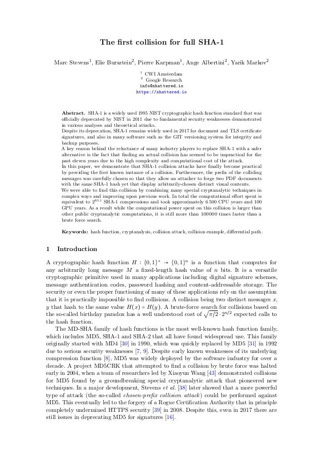The Rst Collision For Full Sha 1 Shattered