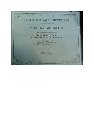 Shaunte Johnson Business Certificate
