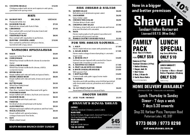 Shavan's Indian Restaurant Takeaway Menu List