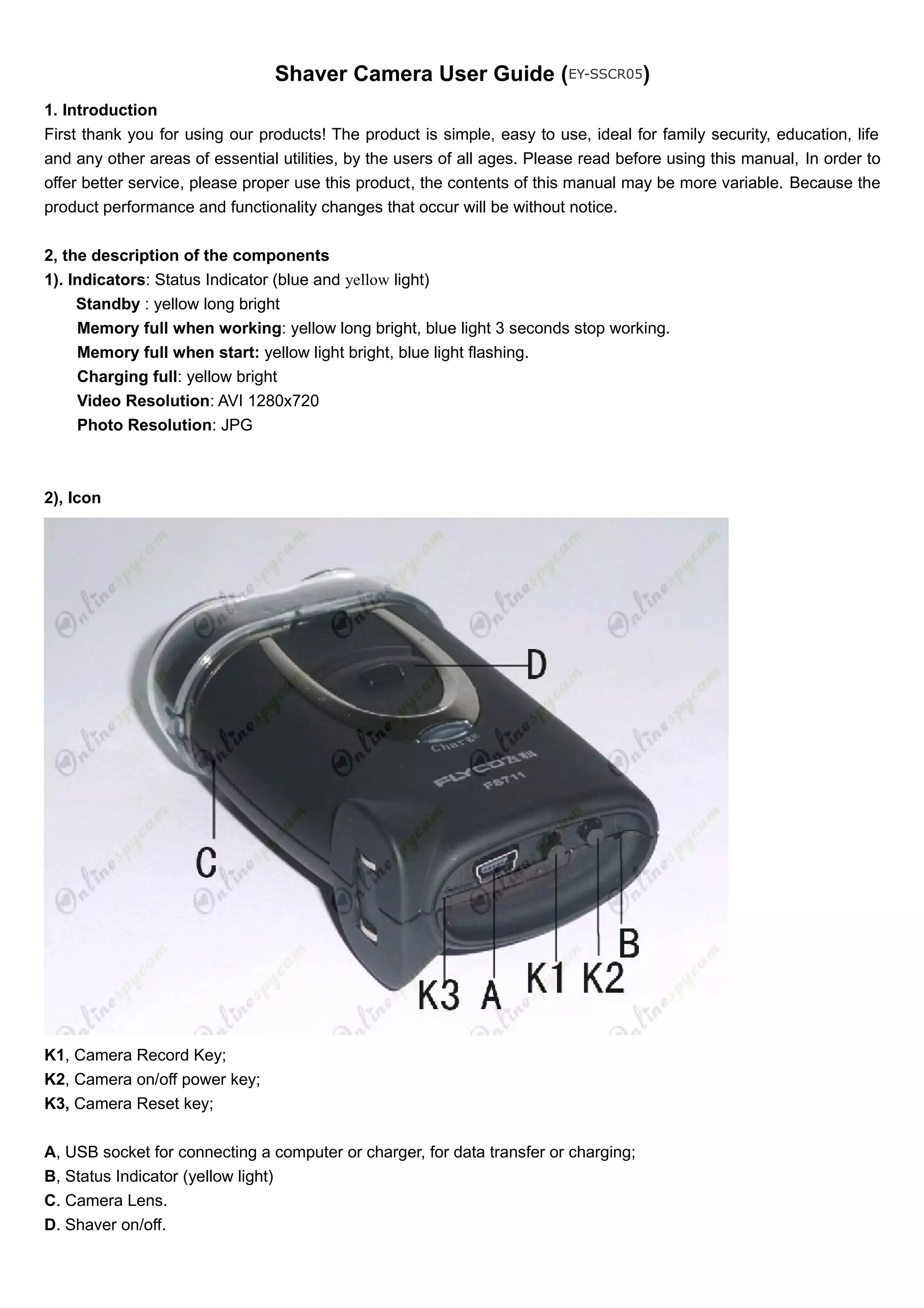 Shaver Camera Bathroom spy Shaver camera user guide (ey-sscr05) | DOC