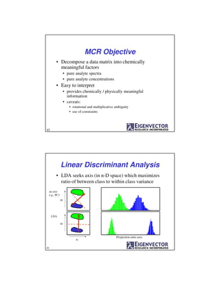 MCR Objective
• Decompose a data matrix into chemically
meaningful factors
• pure analyte spectra
• pure analyte concentrations
• Easy to interpret
• provides chemically / physically meaningful
information
• caveats:
• rotational and multiplicative ambiguity
• use of constraints
45
46
Linear Discriminant Analysis
• LDA seeks axis (in n-D space) which maximizes
ratio of between class to within class variance
X2
Projection onto axis
X1
X2
an axis
e.g., PC1
LDA
 