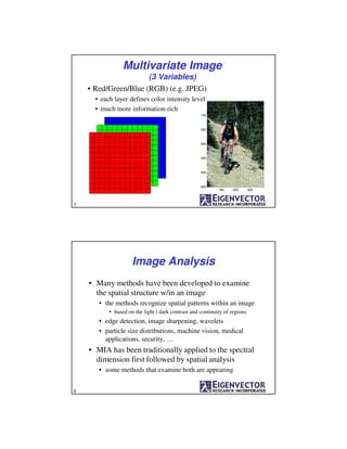 100 200 300
100
200
300
400
500
600
Multivariate Image
(3 Variables)
• Red/Green/Blue (RGB) (e.g. JPEG)
• each layer defines color intensity level
• much more information-rich
7
Image Analysis
• Many methods have been developed to examine
the spatial structure w/in an image
• the methods recognize spatial patterns within an image
• based on the light / dark contrast and continuity of regions
• edge detection, image sharpening, wavelets
• particle size distributions, machine vision, medical
applications, security, …
• MIA has been traditionally applied to the spectral
dimension first followed by spatial analysis
• some methods that examine both are appearing
8
 