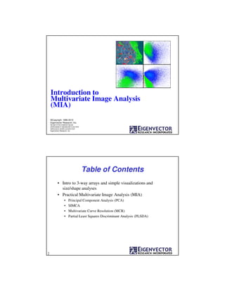 Introduction to
Multivariate Image Analysis
(MIA)
©Copyright 1996-2013
Eigenvector Research, Inc.
No part of this material may be
photocopied or reproduced in any form
without prior written consent from
Eigenvector Research, Inc.
Table of Contents
• Intro to 3-way arrays and simple visualizations and
size/shape analyses
• Practical Multivariate Image Analysis (MIA)
• Principal Component Analysis (PCA)
• SIMCA
• Multivariate Curve Resolution (MCR)
• Partial Least Squares Discriminant Analysis (PLSDA)
2
 