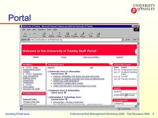 Institutional Web Management Workshop 2002 : The Pervasive Web 5Avoiding Portal warsAvoiding Portal wars
Portal
 