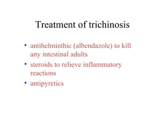 Treatment of trichinosis
• antihelminthic (albendazole) to kill
any intestinal adults
• steroids to relieve inflammatory
reactions
• antipyretics
 