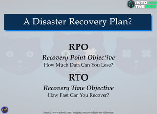 RPO
Recovery Point Objective
How Much Data Can You Lose?
RTO
Recovery Time Objective
How Fast Can You Recover?
https://www.rubrik.com/insights/rto-rpo-whats-the-difference
 
