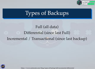 Full (all data)
Differential (since last Full)
Incremental / Transactional (since last backup)
https://www.unitrends.com/blog/types-of-backup-full-incremental-differential
 