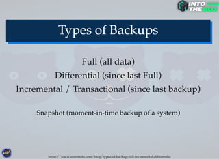 Full (all data)
Differential (since last Full)
Incremental / Transactional (since last backup)
Snapshot (moment-in-time backup of a system)
https://www.unitrends.com/blog/types-of-backup-full-incremental-differential
 