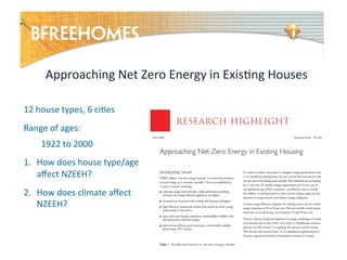 Approaching	
  Net	
  Zero	
  Energy	
  in	
  Exis7ng	
  Houses	
  
12	
  house	
  types,	
  6	
  ci7es	
  
Range	
  of	
  ages:	
  
1922	
  to	
  2000	
  
1. 	
  How	
  does	
  house	
  type/age	
  
aﬀect	
  NZEEH?	
  
2. 	
  How	
  does	
  climate	
  aﬀect	
  
NZEEH?	
  

 