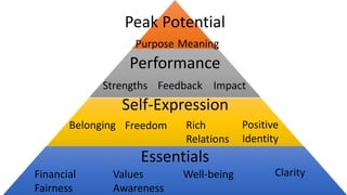 Essentials
Values
Awareness
Financial
Fairness
Well-being Clarity
Self-Expression
Belonging Positive
Identity
Rich
Relations
Freedom
Performance
Strengths Feedback Impact
Peak Potential
Purpose Meaning
 