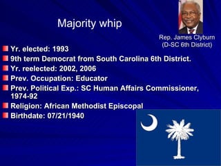 Yr. elected: 1993 9th term Democrat from South Carolina 6th District. Yr. reelected: 2002, 2006 Prev. Occupation: Educator  Prev. Political Exp.: SC Human Affairs Commissioner, 1974-92  Religion: African Methodist Episcopal Birthdate: 07/21/1940  Rep. James Clyburn  (D-SC 6th District)  Majority whip 