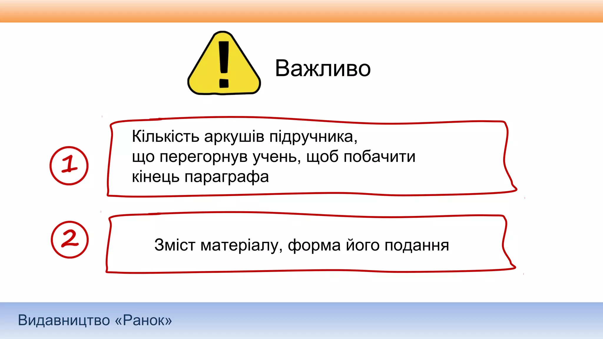 Видавництво «Ранок»
Важливо
Кількість аркушів підручника,
що перегорнув учень, щоб побачити
кінець параграфа
Зміст матеріалу, форма його подання
 