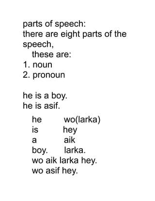 parts of speech:
there are eight parts of the
speech,
these are:
1. noun
2. pronoun
he is a boy.
he is asif.
he
wo(larka)
is
hey
a
aik
boy.
larka.
wo aik larka hey.
wo asif hey.

 