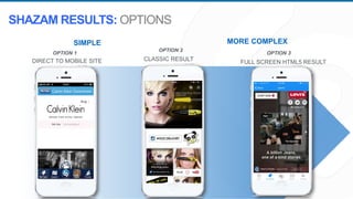 OPTION 1
OPTION 2
OPTION 3
SIMPLE MORE COMPLEX
CLASSIC RESULT
FULL SCREEN HTML5 RESULTDIRECT TO MOBILE SITE
SHAZAM RESULTS: OPTIONS
 