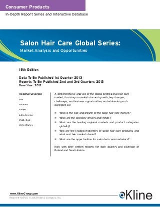 Consumer Products
In-Depth Report Series and Interactive Database




           Salon Hair Care Global Series:
           Market Analysis and Opportunities



          15th Edition

          Data To Be Published 1st Quarter 2013
          Reports To Be Published 2nd and 3rd Quarters 2013
          Base Year: 2012

          Regional Coverage             A comprehensive analysis of the global professional hair care
                                        market, focusing on market size and growth, key changes,
          Asia
                                        challenges, and business opportunities, and addressing such
          Australia                     questions as:
          Europe
                                            What is the size and growth of the salon hair care market?
          Latin America
                                            What are the category drivers and trends?
          Middle East
                                            What are the leading regional markets and product categories
          United States
                                            globally?
                                            Who are the leading marketers of salon hair care products, and
                                            what are their market shares?
                                            What are the opportunities for salon hair care marketers?


                                        Now with brief written reports for each country and coverage of
                                        Poland and Saudi Arabia




  www.KlineGroup.com
  Report #Y357O | © 2012 Kline & Company, Inc.
 