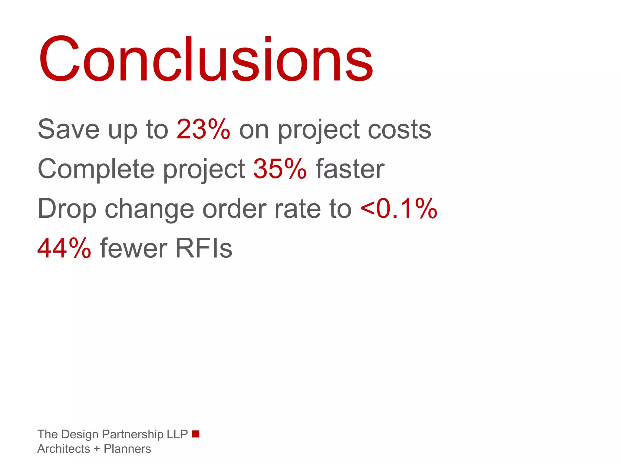 Conclusions
Save up to 23% on project costs
Complete project 35% faster
Drop change order rate to <0.1%
44% fewer RFIs




The Design Partnership LLP 
Architects + Planners
 