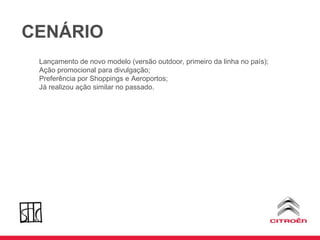 CENÁRIO Lançamento de novo modelo (versão outdoor, primeiro da linha no país); Ação promocional para divulgação; Preferência por Shoppings e Aeroportos; Já realizou ação similar no passado. 
