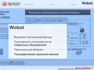 AdobeSocialAnalyticsAdobe  SocialAnalyticsОтслеживаетдиалоги о бренде в SMСтатистика по соц. сетямКорреляция активности и восприятияОценка значимости площадокwww.arealidea.ru